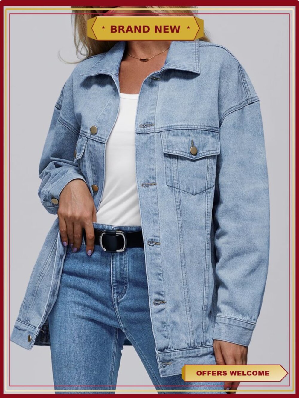 Oversized Button Down Denim Jacket Loose Fit - Picture 3 of 7